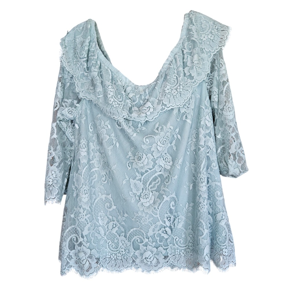 White House Black Market Light Green Floral Lace Off Shoulder Ruffle Top Large